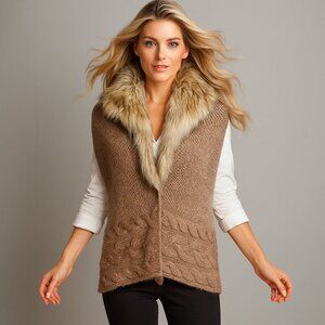 Ann Taylor LOFT M Brown Alpaca Wool Cable Knit Faux Fur Collar Sweater Vest Lux